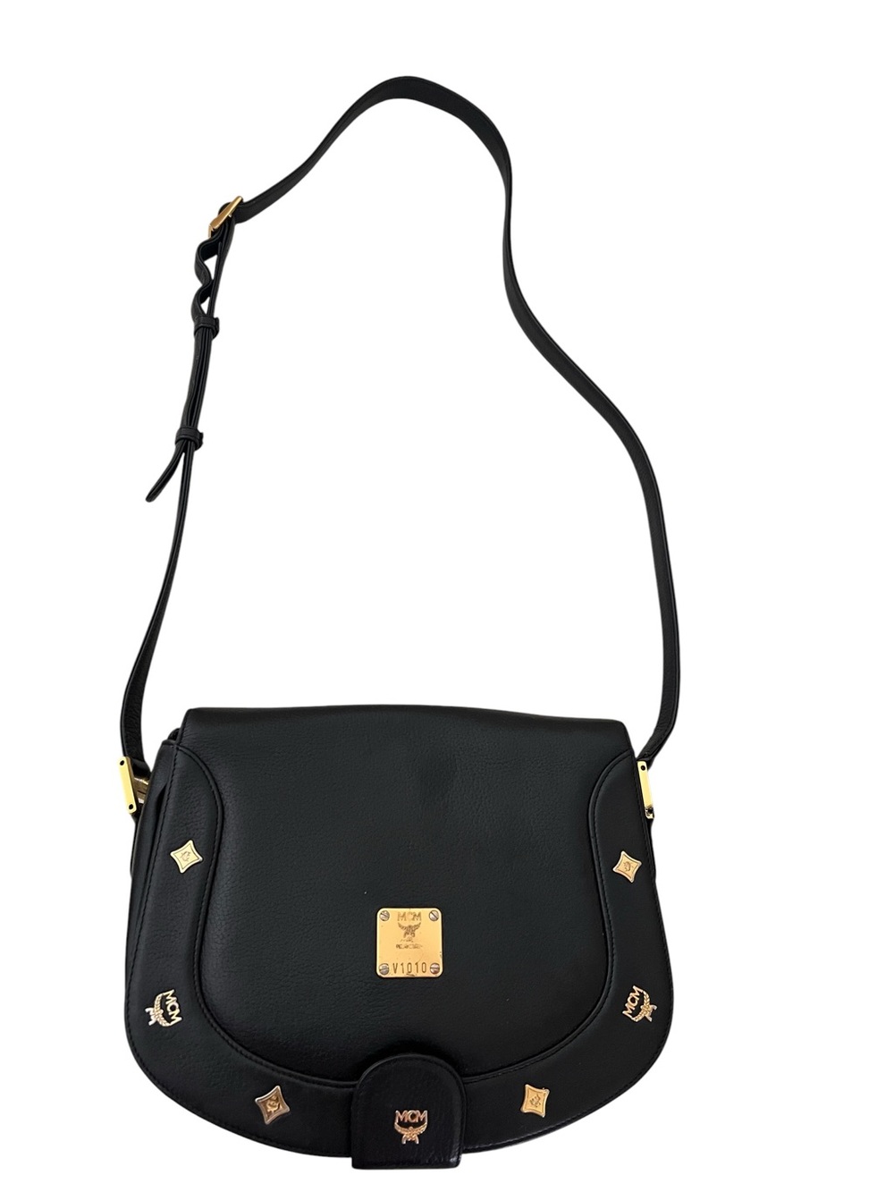 MCM Black Leather Crossbody Saddle Bag with Gold Hardware